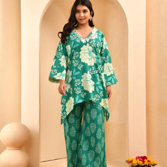Turquoise Floral Printed Mirror Embroidered Top with Printed Bell-Bottom Pants (Set of 5 Pc)