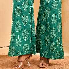 Turquoise Floral Printed Mirror Embroidered Top with Printed Bell-Bottom Pants (Set of 5 Pc)
