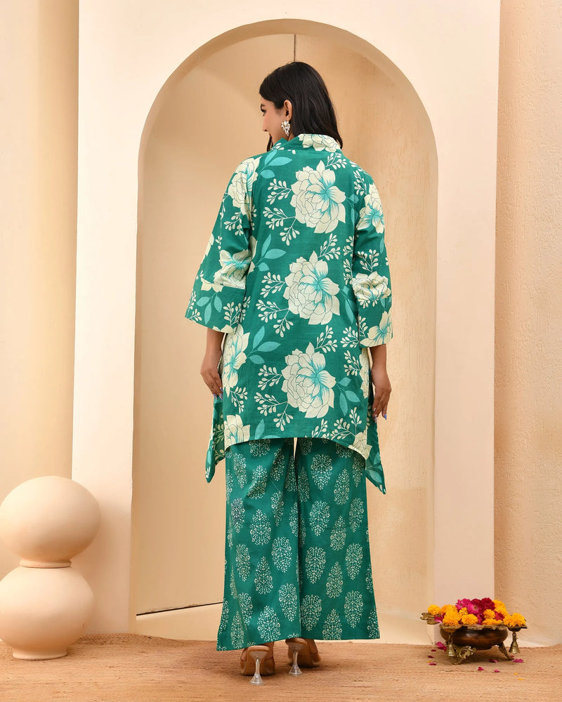 Turquoise Floral Printed Mirror Embroidered Top with Printed Bell-Bottom Pants (Set of 5 Pc)
