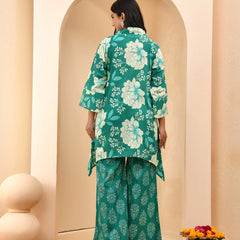 Turquoise Floral Printed Mirror Embroidered Top with Printed Bell-Bottom Pants (Set of 5 Pc)
