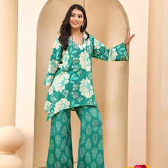 Turquoise Floral Printed Mirror Embroidered Top with Printed Bell-Bottom Pants (Set of 5 Pc)