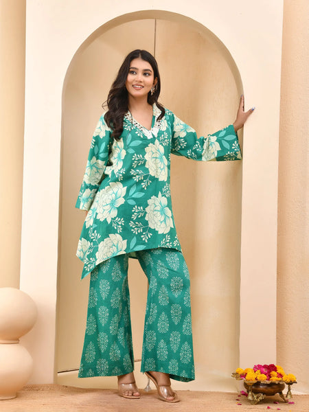 Turquoise Floral Printed Mirror Embroidered Top with Printed Bell-Bottom Pants (Set of 5 Pc)