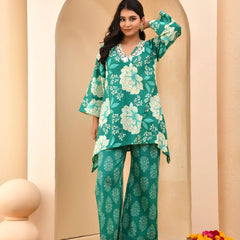 Turquoise Floral Printed Mirror Embroidered Top with Printed Bell-Bottom Pants (Set of 5 Pc)