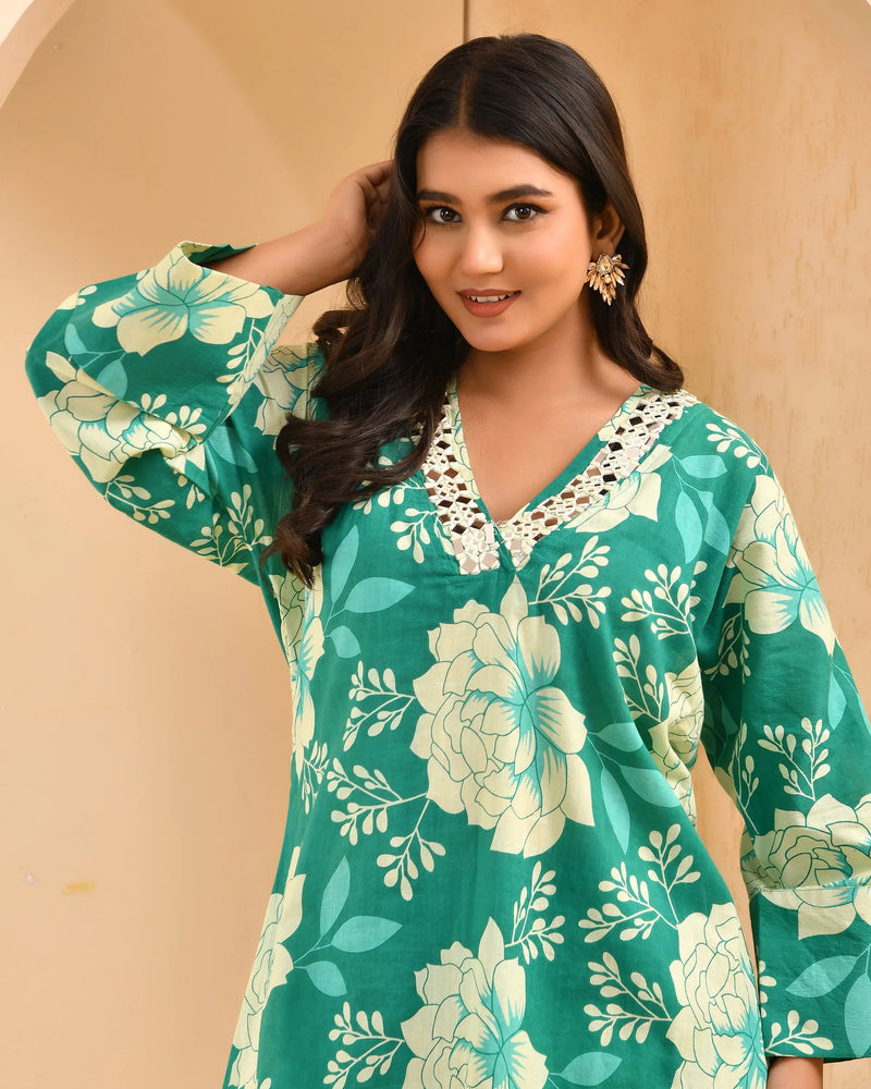 Turquoise Floral Printed Mirror Embroidered Top with Printed Bell-Bottom Pants (Set of 5 Pc)