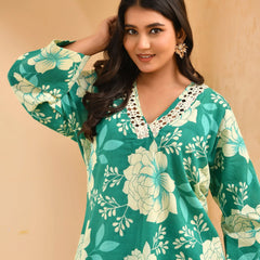 Turquoise Floral Printed Mirror Embroidered Top with Printed Bell-Bottom Pants (Set of 5 Pc)