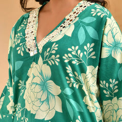 Turquoise Floral Printed Mirror Embroidered Top with Printed Bell-Bottom Pants (Set of 5 Pc)
