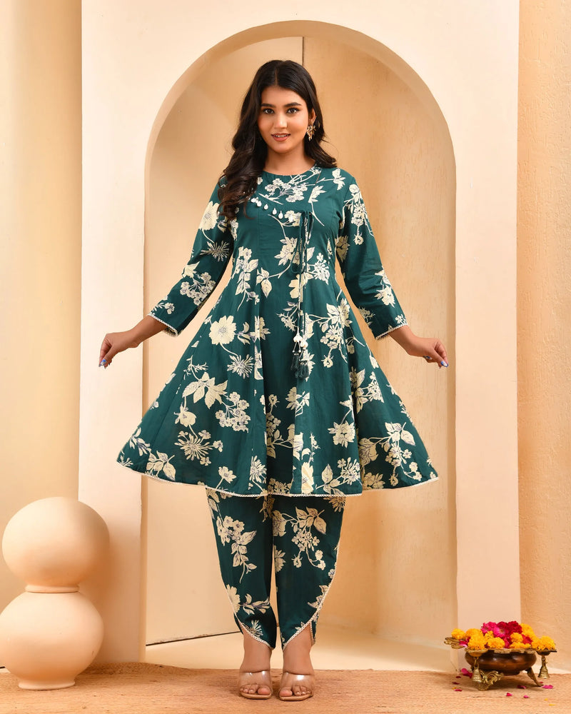 Ferozi Floral Printed Short Kurta Anarkali With Tulip Dhoti Pants (Set of 5 Pc)