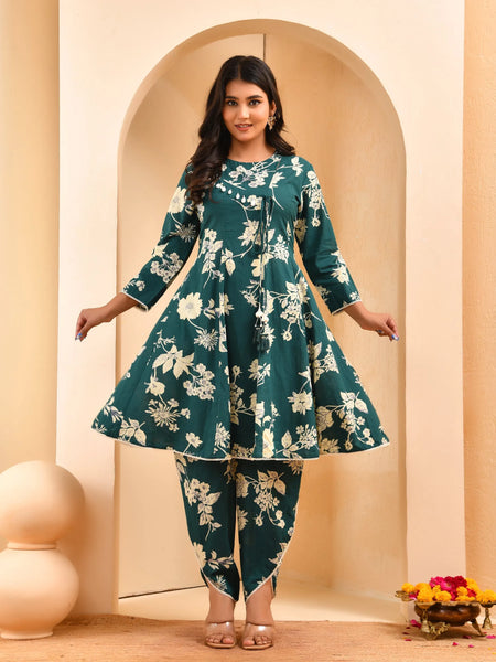 Ferozi Floral Printed Short Kurta Anarkali With Tulip Dhoti Pants (Set of 5 Pc)