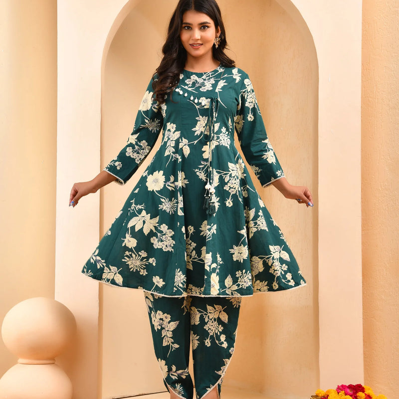 Ferozi Floral Printed Short Kurta Anarkali With Tulip Dhoti Pants (Set of 5 Pc)