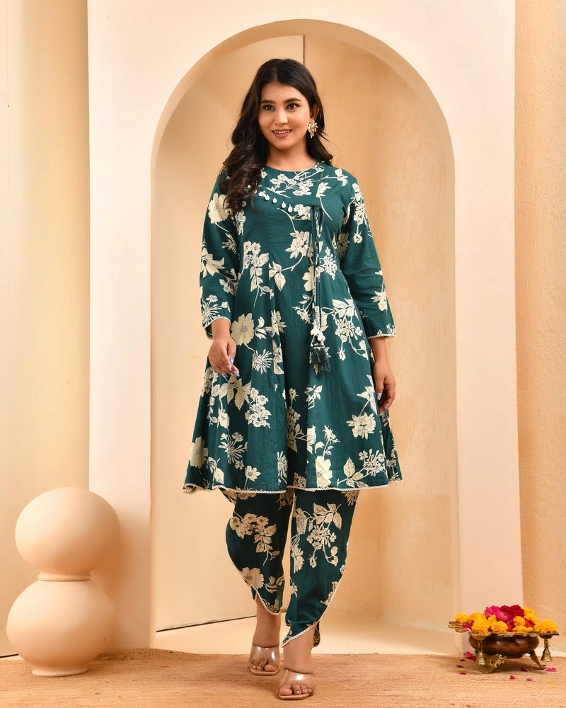 Ferozi Floral Printed Short Kurta Anarkali With Tulip Dhoti Pants (Set of 5 Pc)