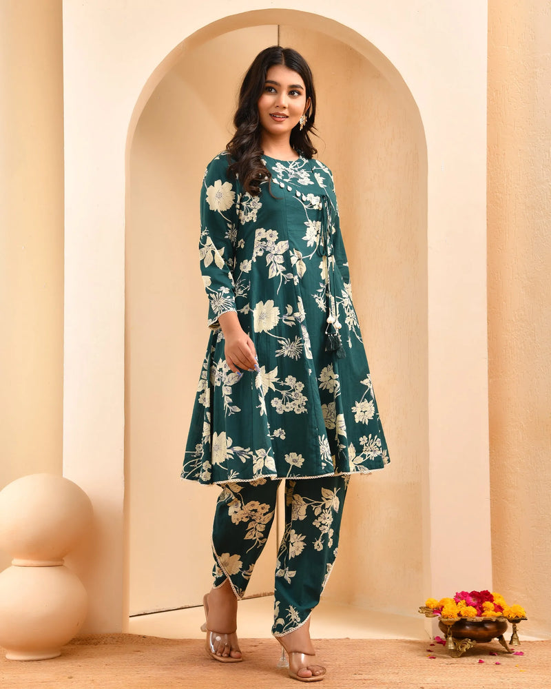 Ferozi Floral Printed Short Kurta Anarkali With Tulip Dhoti Pants (Set of 5 Pc)