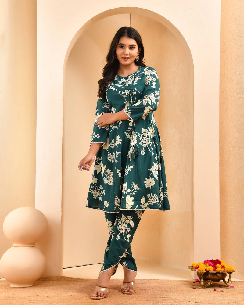 Ferozi Floral Printed Short Kurta Anarkali With Tulip Dhoti Pants (Set of 5 Pc)