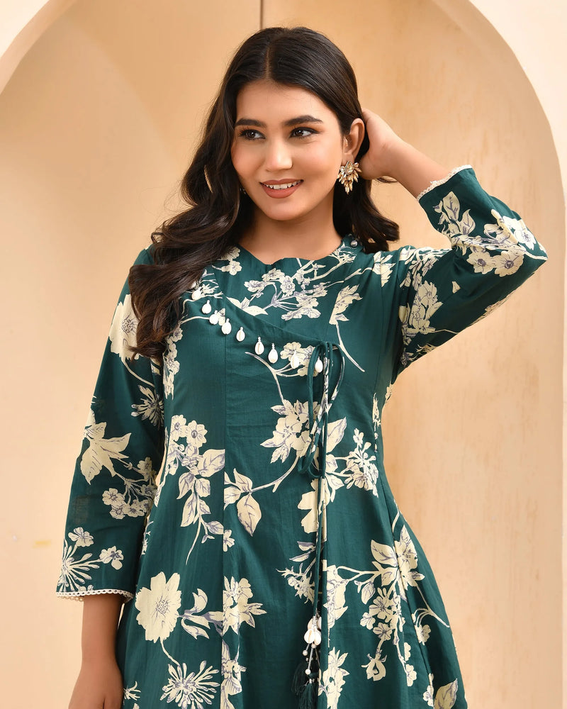 Ferozi Floral Printed Short Kurta Anarkali With Tulip Dhoti Pants (Set of 5 Pc)