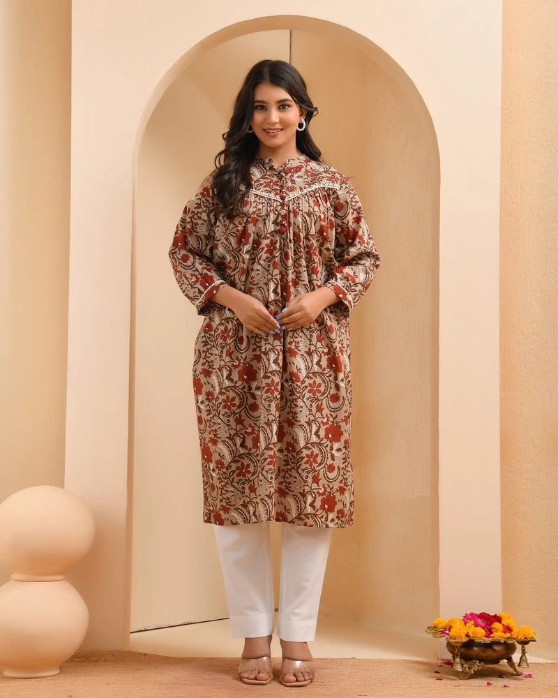 Brown Floral Printed Gathered Short Kurta With Solid Pants  (Set of 5 Pc)