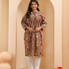 Brown Floral Printed Gathered Short Kurta With Solid Pants  (Set of 5 Pc)