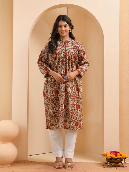 Brown Floral Printed Gathered Short Kurta With Solid Pants  (Set of 5 Pc)