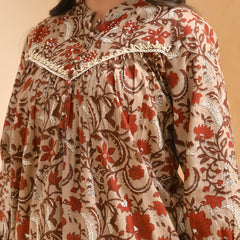 Brown Floral Printed Gathered Short Kurta With Solid Pants  (Set of 5 Pc)