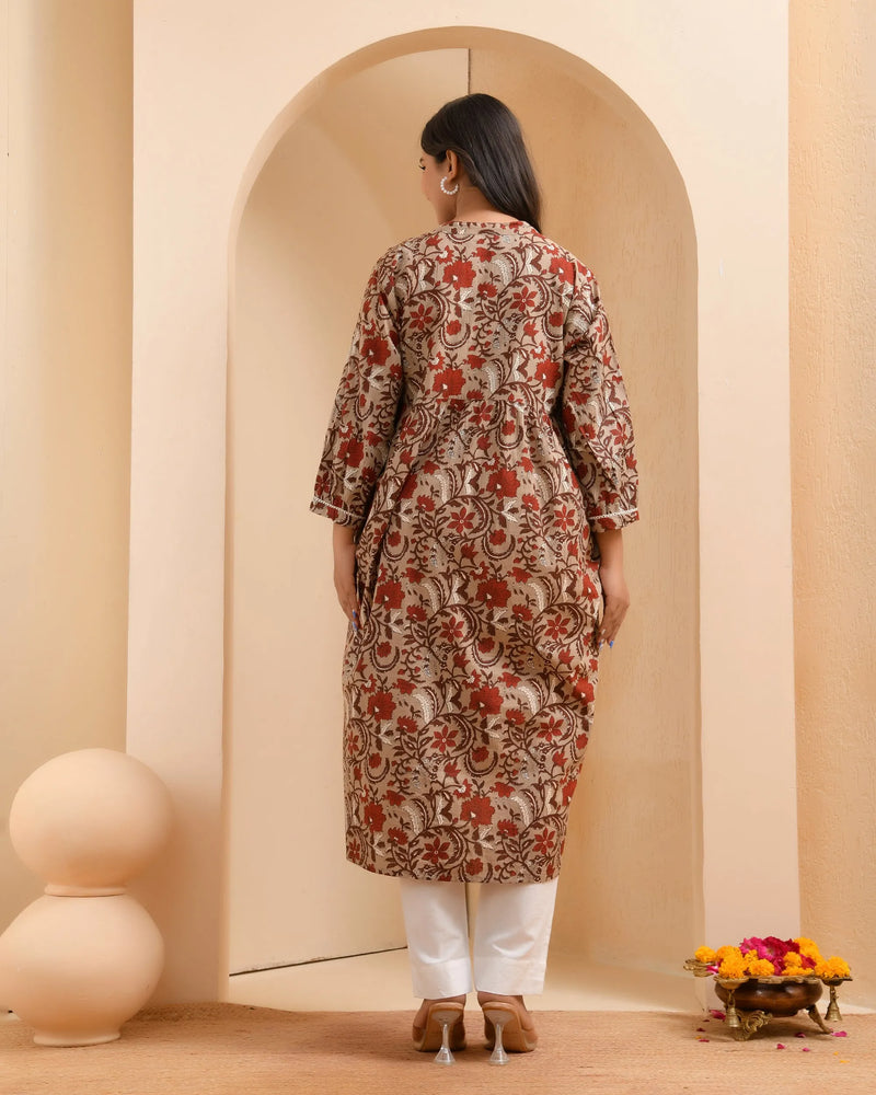 Brown Floral Printed Gathered Short Kurta With Solid Pants  (Set of 5 Pc)
