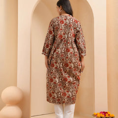 Brown Floral Printed Gathered Short Kurta With Solid Pants  (Set of 5 Pc)