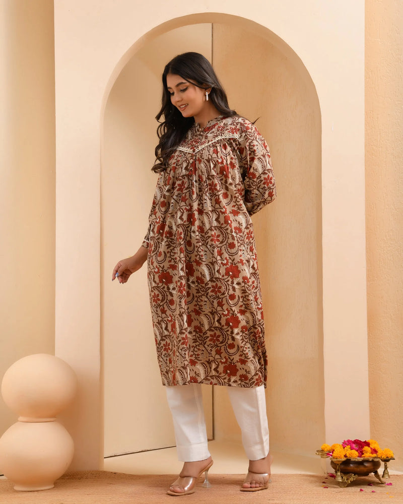 Brown Floral Printed Gathered Short Kurta With Solid Pants  (Set of 5 Pc)
