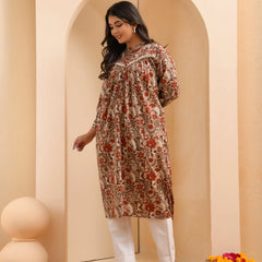 Brown Floral Printed Gathered Short Kurta With Solid Pants  (Set of 5 Pc)