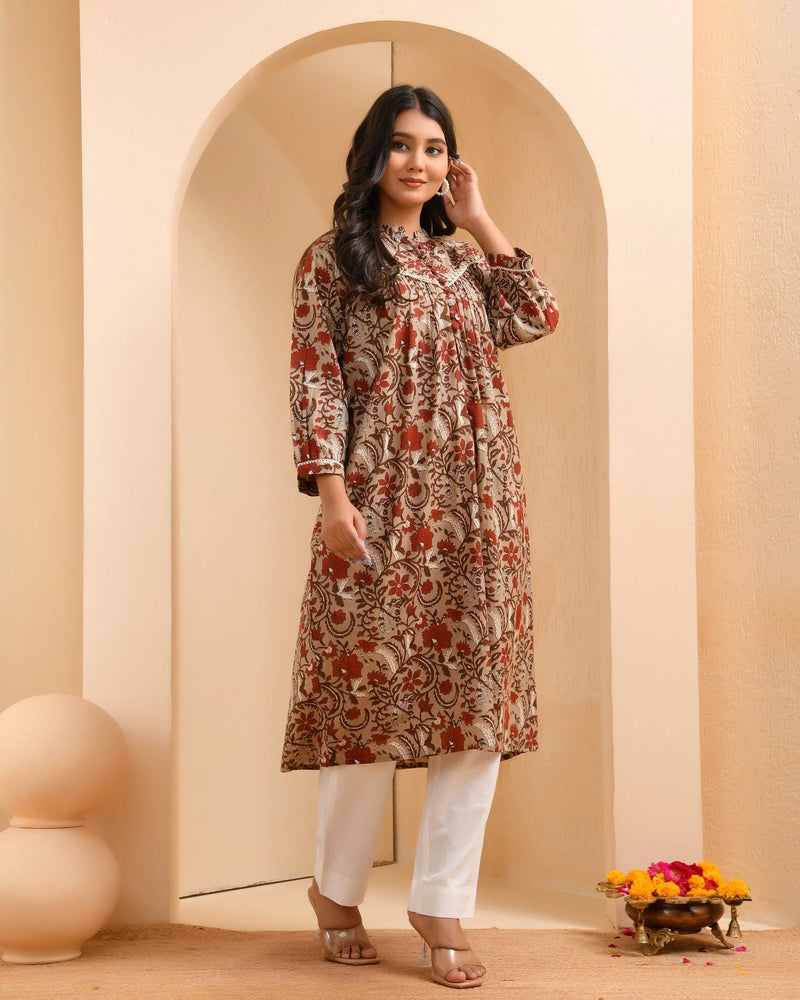 Brown Floral Printed Gathered Short Kurta With Solid Pants  (Set of 5 Pc)