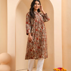 Brown Floral Printed Gathered Short Kurta With Solid Pants  (Set of 5 Pc)