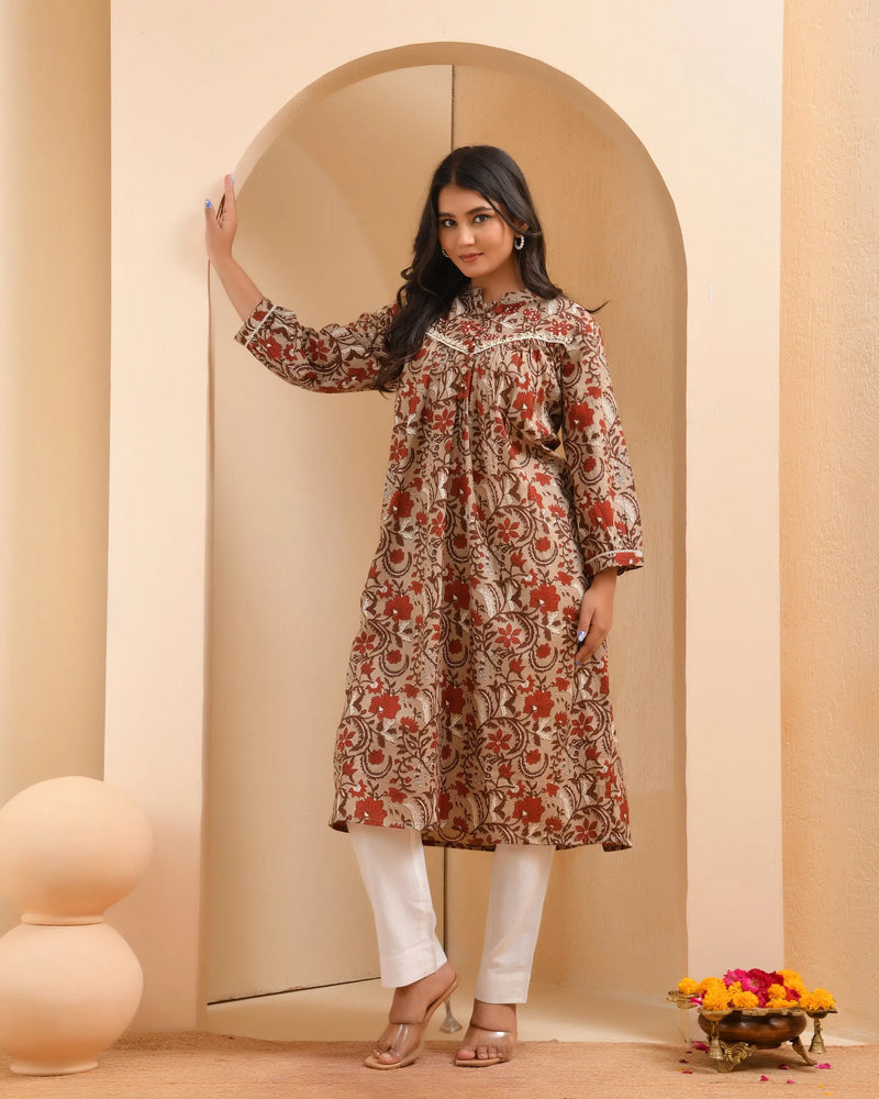 Brown Floral Printed Gathered Short Kurta With Solid Pants  (Set of 5 Pc)