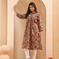 Brown Floral Printed Gathered Short Kurta With Solid Pants  (Set of 5 Pc)