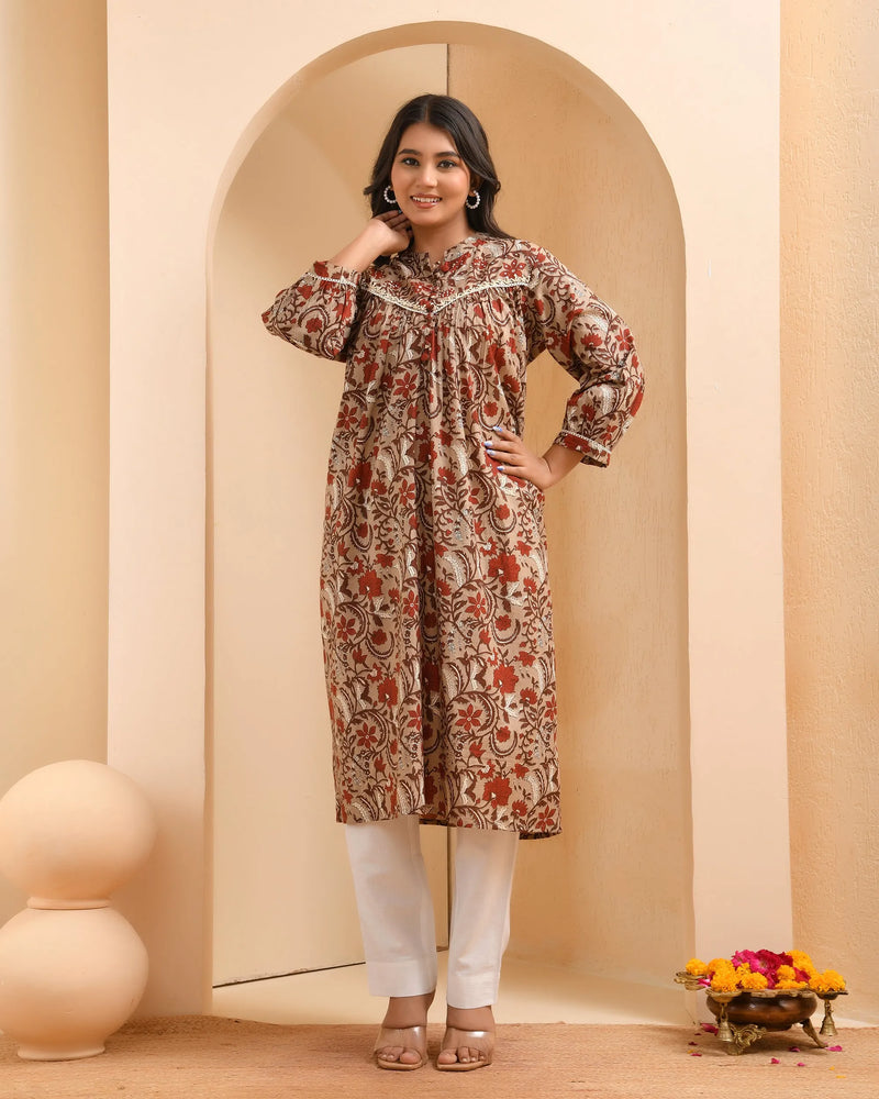 Brown Floral Printed Gathered Short Kurta With Solid Pants  (Set of 5 Pc)