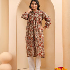 Brown Floral Printed Gathered Short Kurta With Solid Pants  (Set of 5 Pc)
