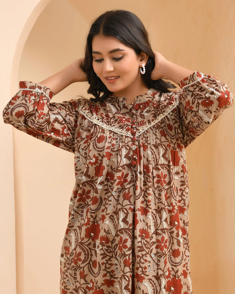 Brown Floral Printed Gathered Short Kurta With Solid Pants  (Set of 5 Pc)
