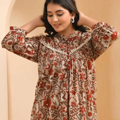 Brown Floral Printed Gathered Short Kurta With Solid Pants  (Set of 5 Pc)