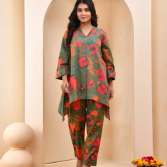 Henna Floral Printed Aline High Low Pattern Kurta With Solid Pants (Set of 5 Pc)