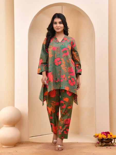 Henna Floral Printed Aline High Low Pattern Kurta With Solid Pants (Set of 5 Pc)