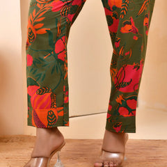 Henna Floral Printed Aline High Low Pattern Kurta With Solid Pants (Set of 5 Pc)