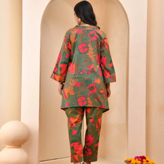 Henna Floral Printed Aline High Low Pattern Kurta With Solid Pants (Set of 5 Pc)