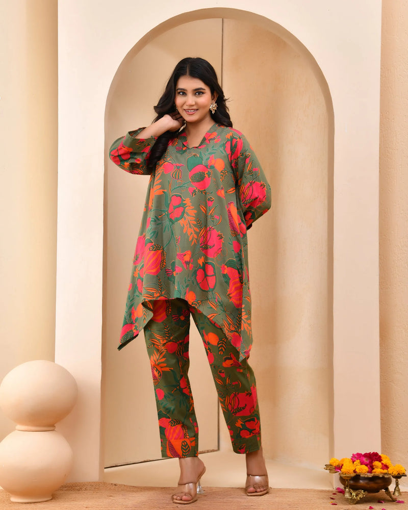 Henna Floral Printed Aline High Low Pattern Kurta With Solid Pants (Set of 5 Pc)