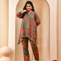Henna Floral Printed Aline High Low Pattern Kurta With Solid Pants (Set of 5 Pc)