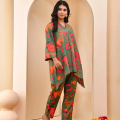 Henna Floral Printed Aline High Low Pattern Kurta With Solid Pants (Set of 5 Pc)