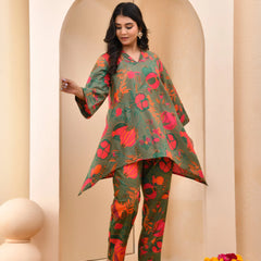 Henna Floral Printed Aline High Low Pattern Kurta With Solid Pants (Set of 5 Pc)