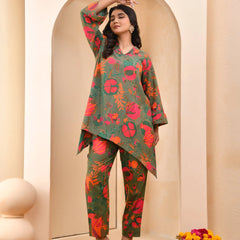 Henna Floral Printed Aline High Low Pattern Kurta With Solid Pants (Set of 5 Pc)