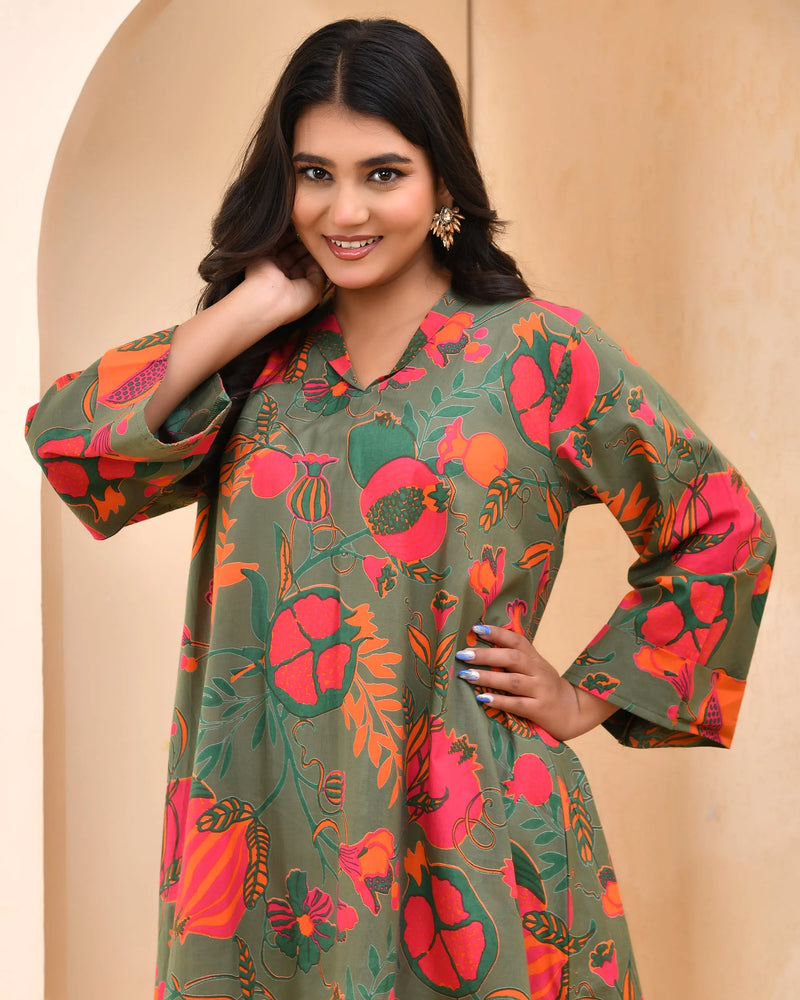 Henna Floral Printed Aline High Low Pattern Kurta With Solid Pants (Set of 5 Pc)