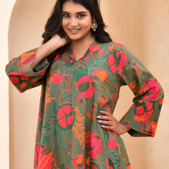 Henna Floral Printed Aline High Low Pattern Kurta With Solid Pants (Set of 5 Pc)