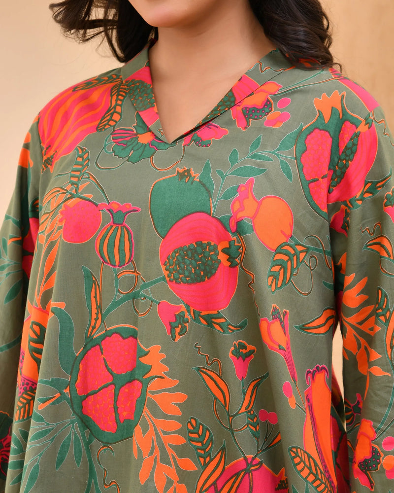 Henna Floral Printed Aline High Low Pattern Kurta With Solid Pants (Set of 5 Pc)
