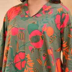 Henna Floral Printed Aline High Low Pattern Kurta With Solid Pants (Set of 5 Pc)