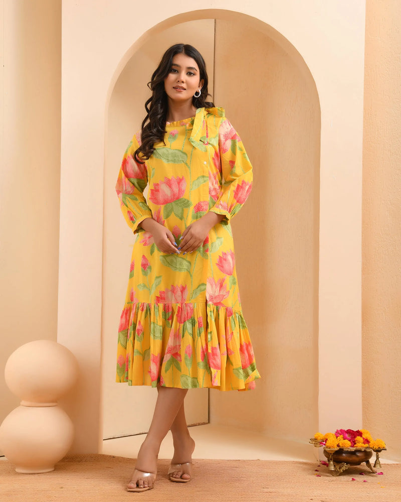 Yellow floral middie dress with shoulder tie-up and gathered panel (Set of 5 Pc)