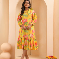Yellow floral middie dress with shoulder tie-up and gathered panel (Set of 5 Pc)