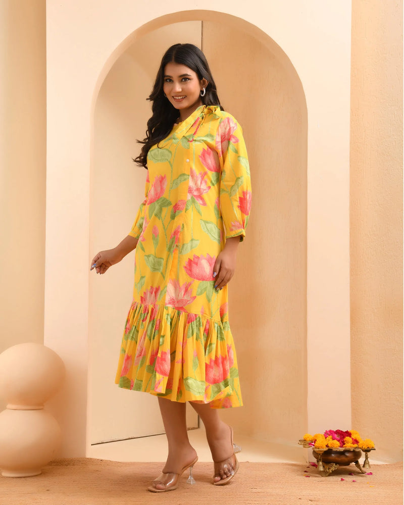 Yellow floral middie dress with shoulder tie-up and gathered panel (Set of 5 Pc)
