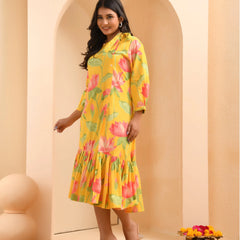 Yellow floral middie dress with shoulder tie-up and gathered panel (Set of 5 Pc)